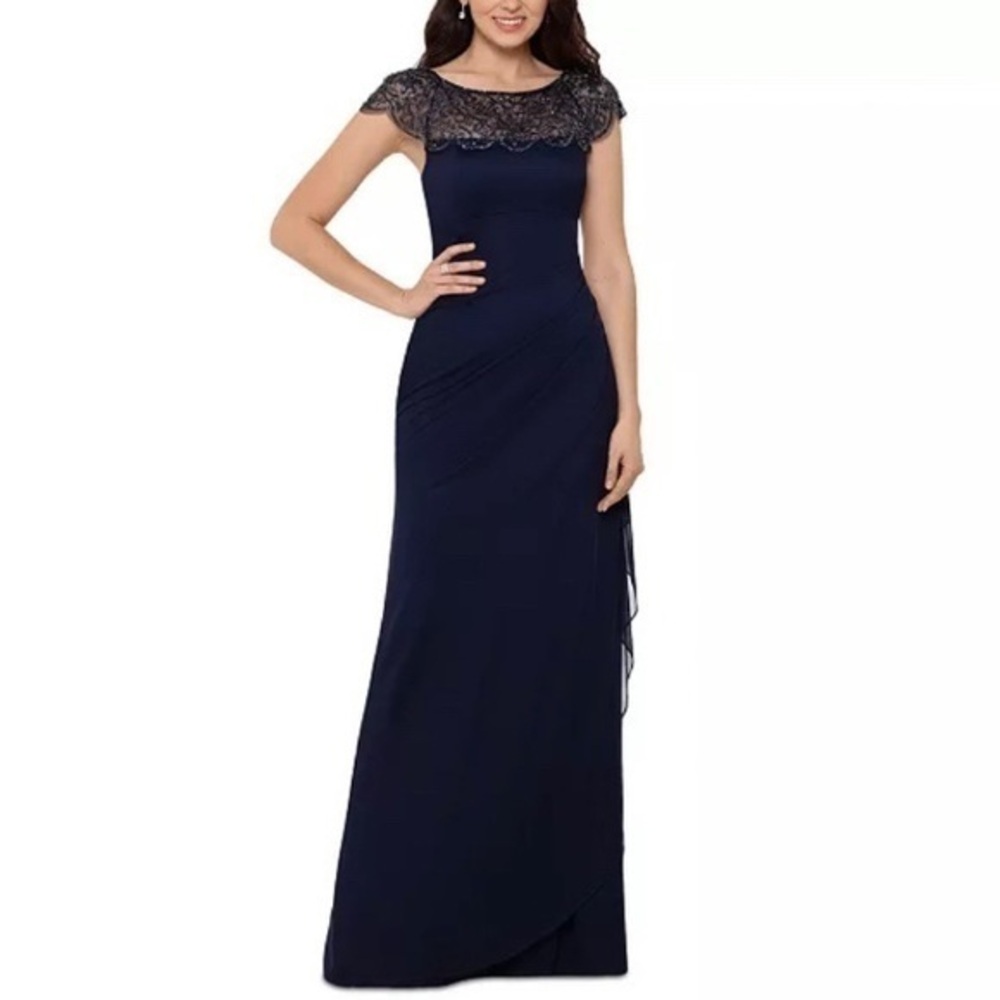XSCAPE Beaded-Detail Sheer embellished neckline Jersey Knit Gown in Navy Size 8
